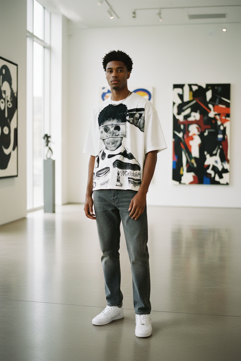 年轻混血黑人男性艺术画廊穿搭照-更短下摆