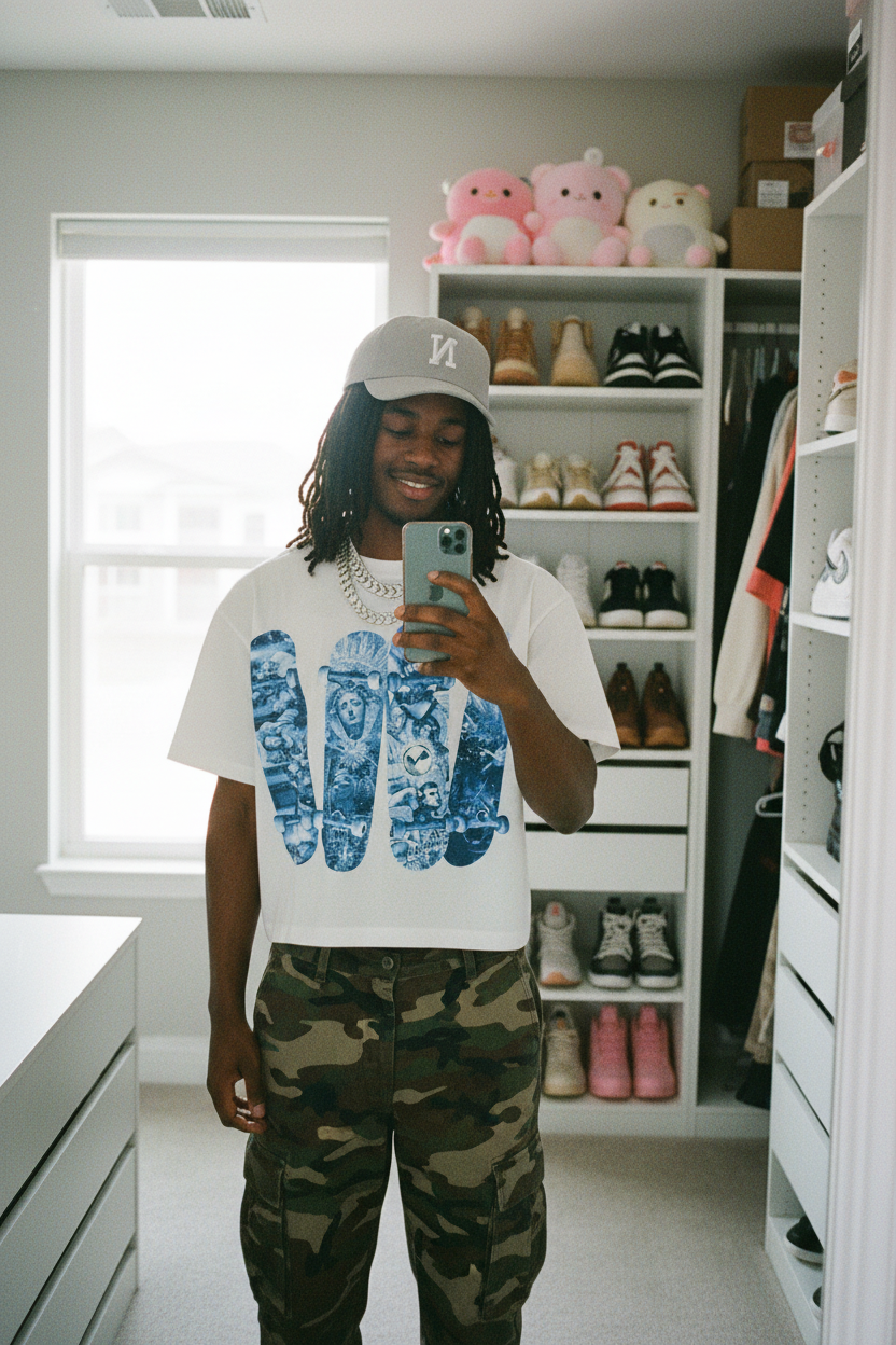 年轻混血黑人男性自拍穿搭-短款