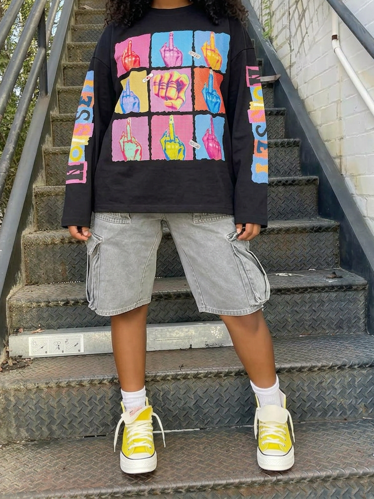 NOISSEY Pop Art Grid Middle Finger &amp; Manicure Graphic Long Sleeve Tee