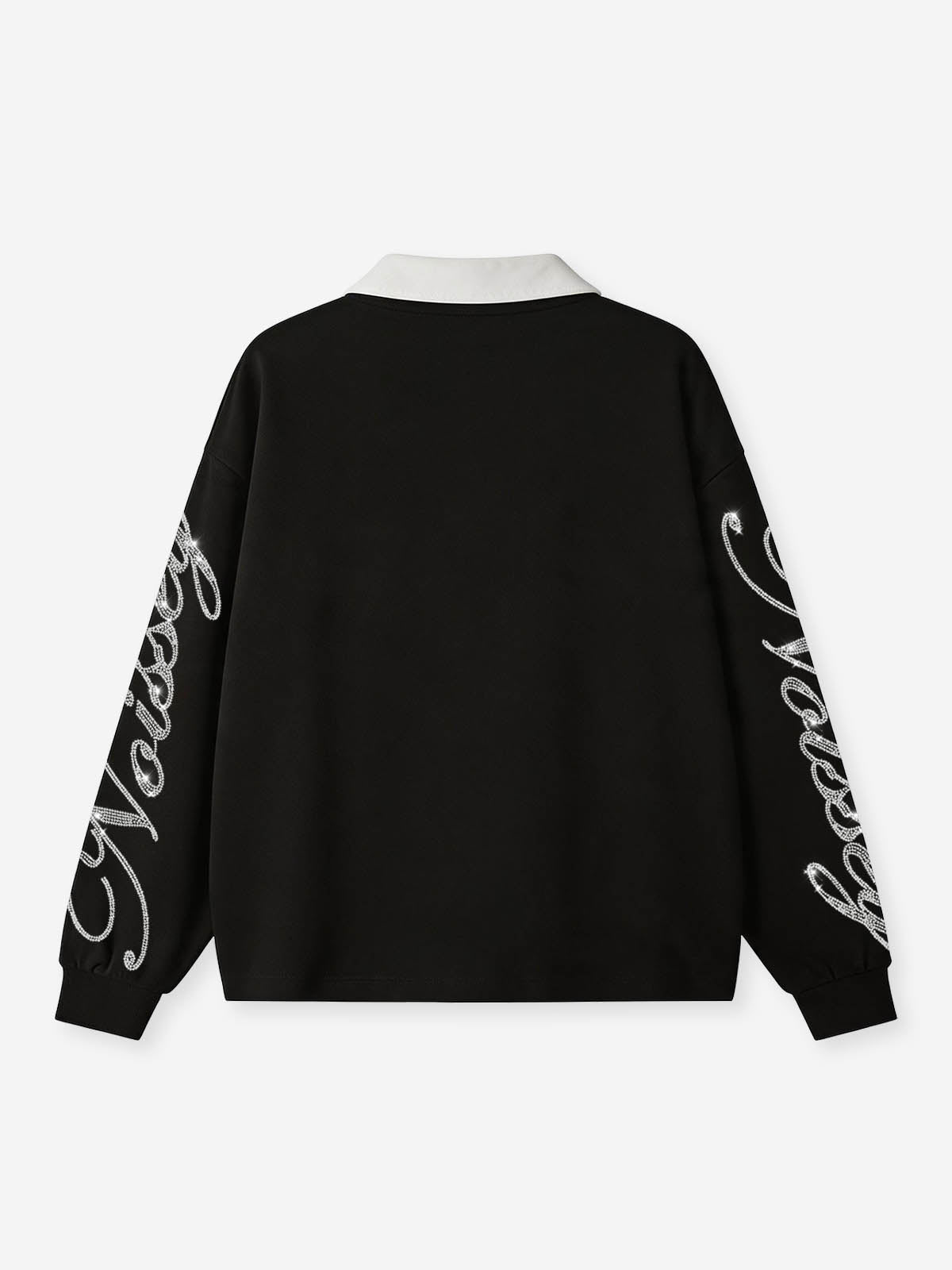 NOISSEY Rhinestone Sleeve & Crown of Thorns Jesus Contrast Collar Polo Sweatshirt - Black  Streetwear Shirt