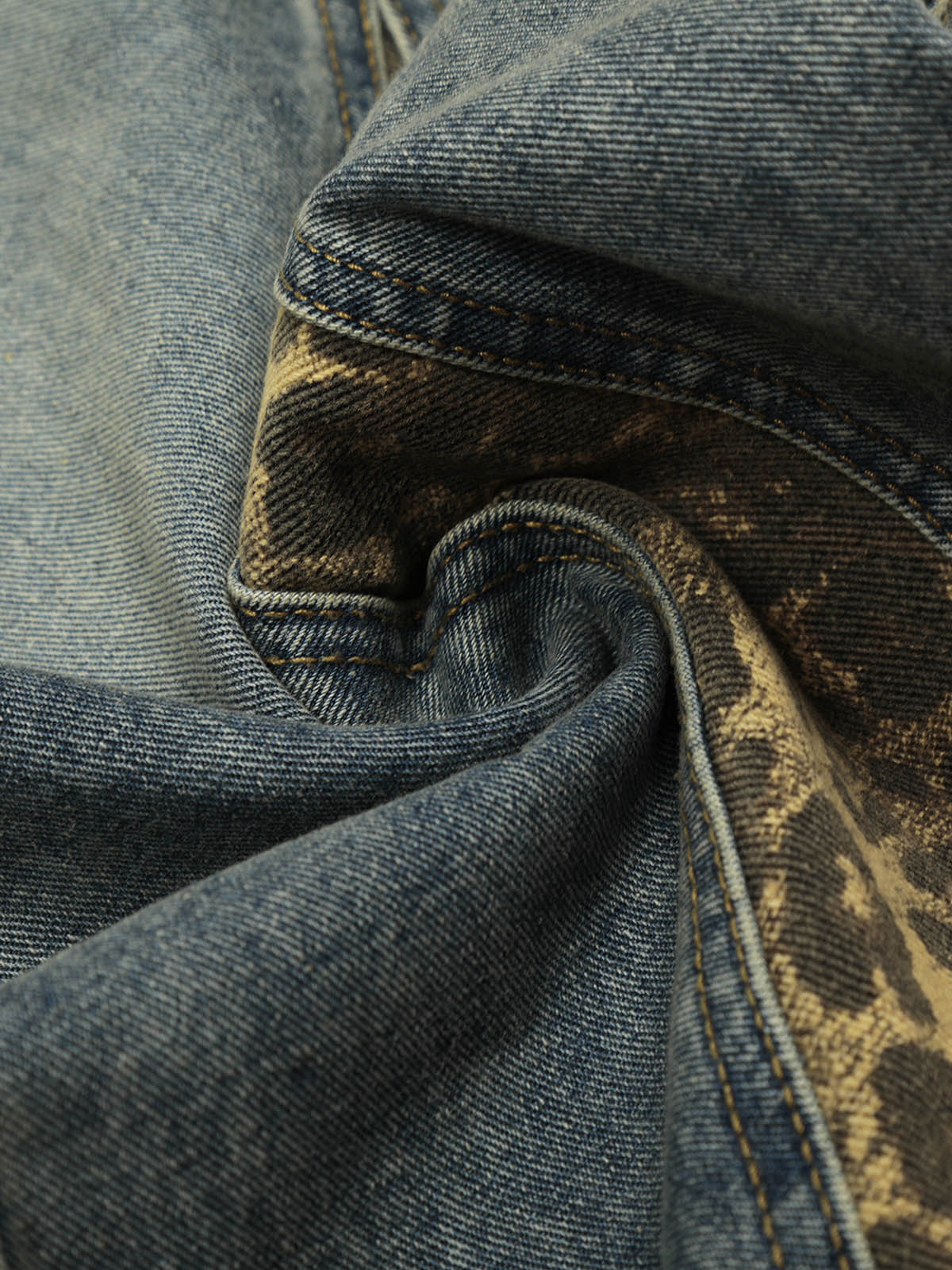 Leopard Print Patchwork Wide-Leg Jeans