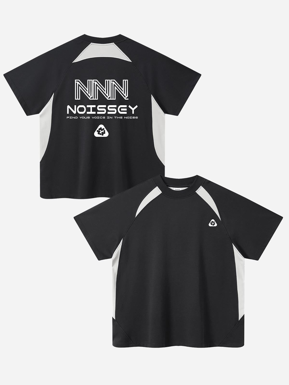 Back view of NOISSEY black-and-white sports t-shirt with large slogan print.