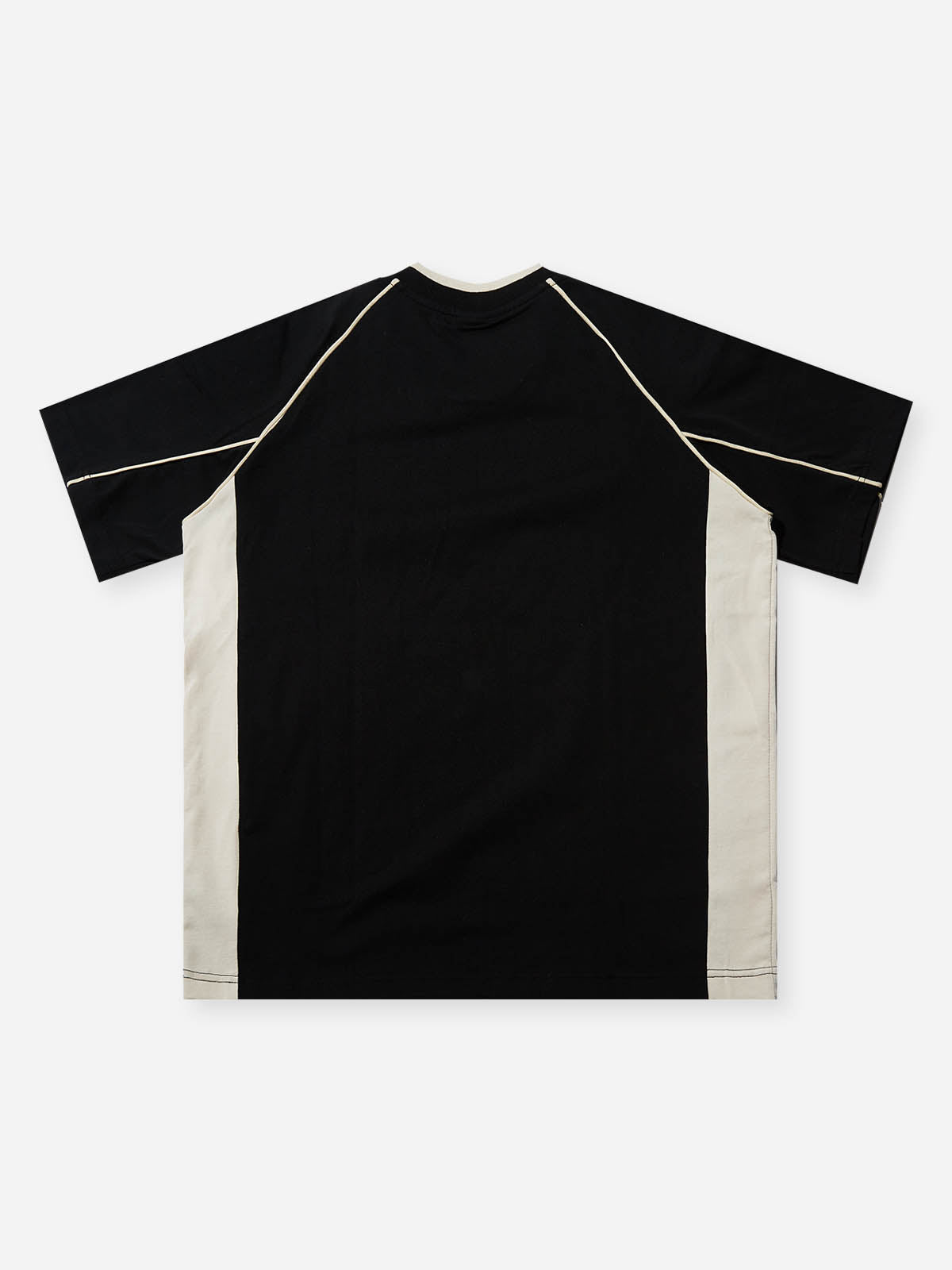 Back view of the black and beige V-neck streetwear t-shirt showing the fit