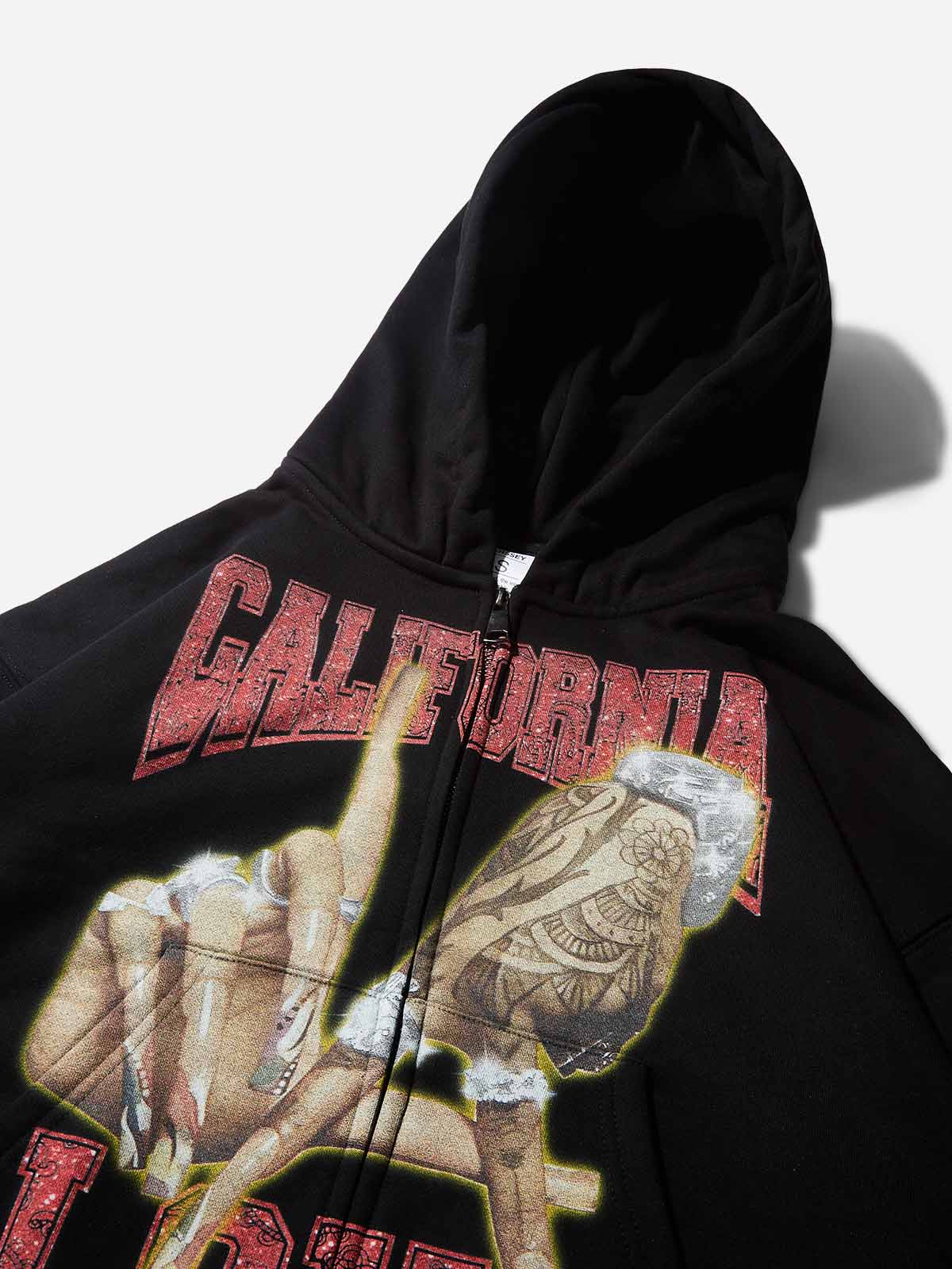 Back view of the boxy oversized black zip-up hoodie showing the graphic placement