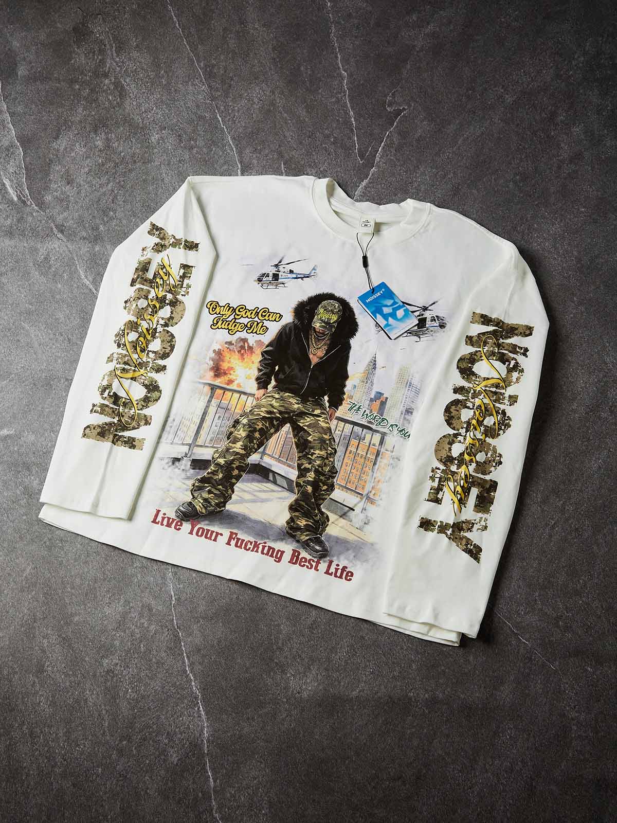 NOISSEY "God Has My Back" Camo Hip-Hop Heavy Long Sleeve Tee - White