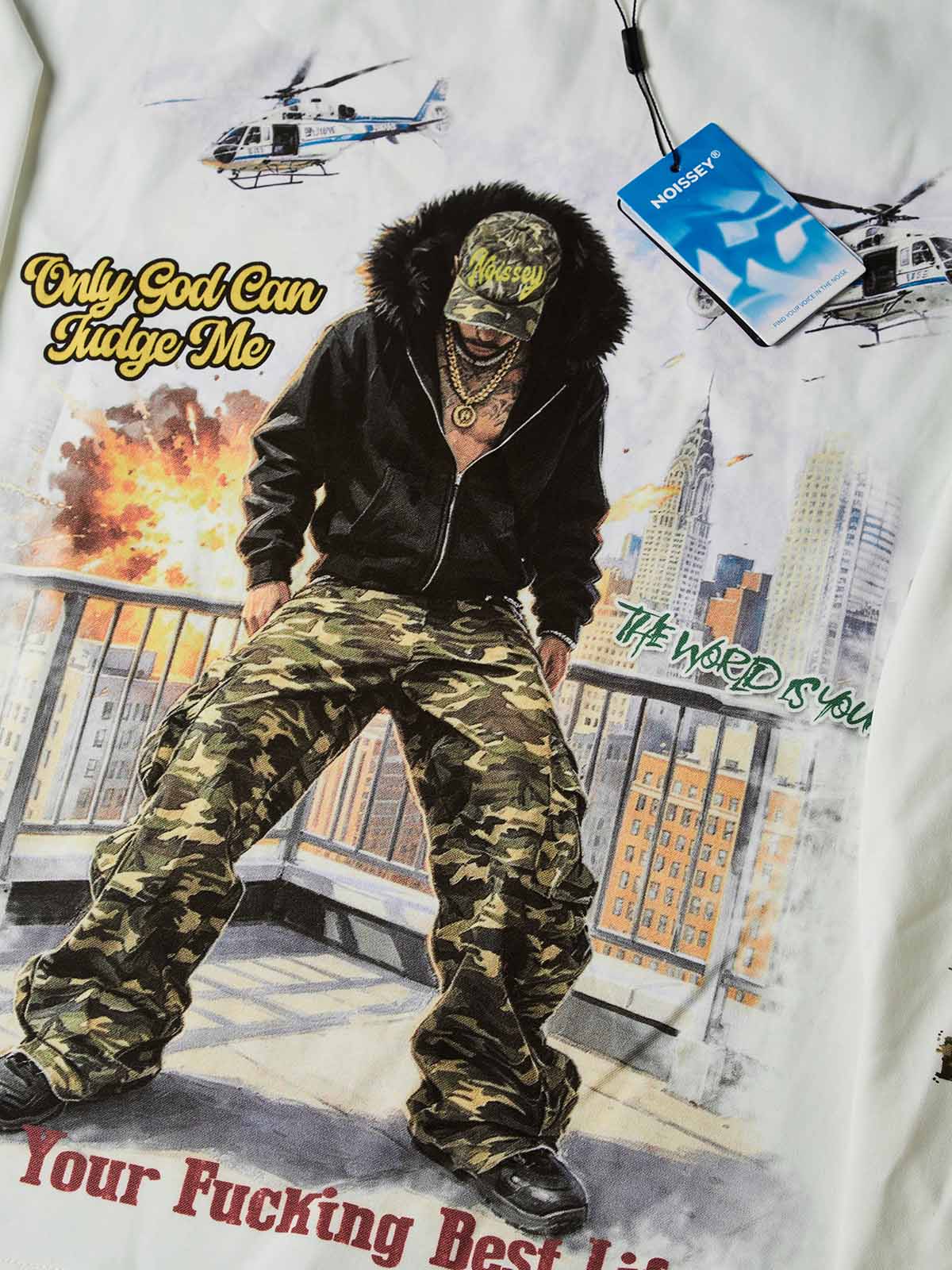 NOISSEY "God Has My Back" Camo Hip-Hop Heavy Long Sleeve Tee - White