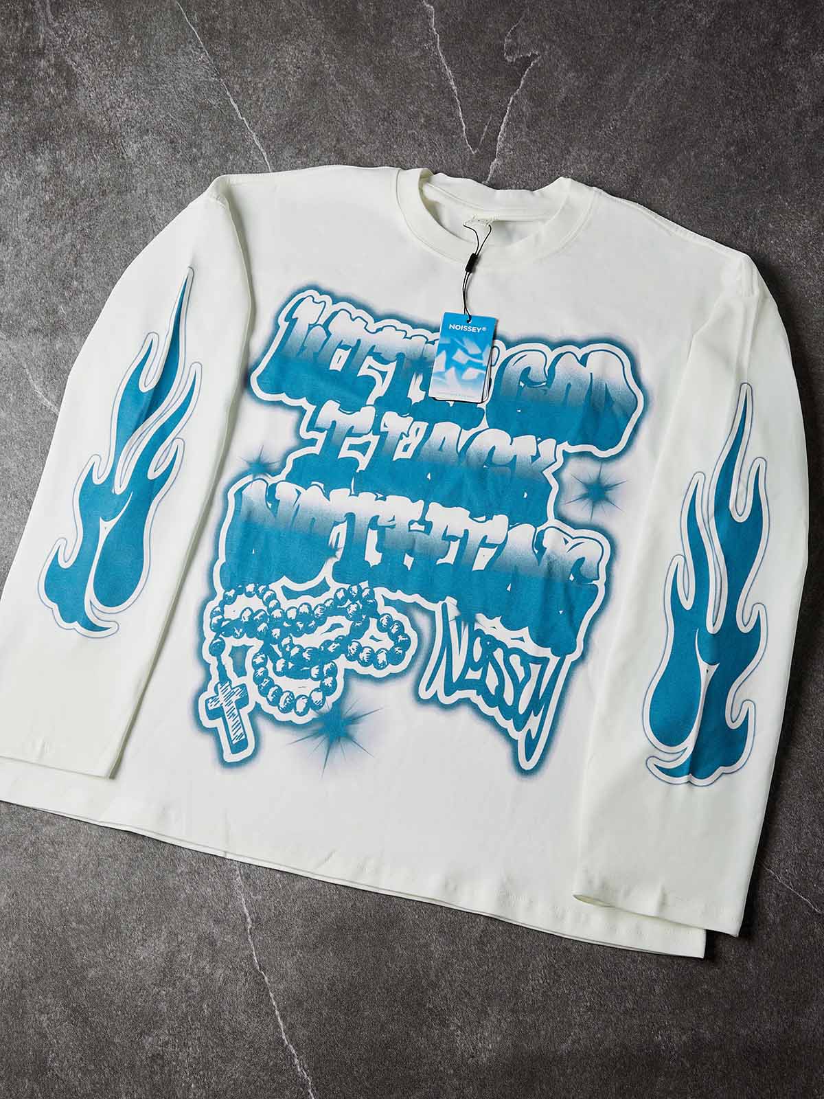 NOISSEY "With God" Blue Flame Graffiti Heavy Long Sleeve Tee - White