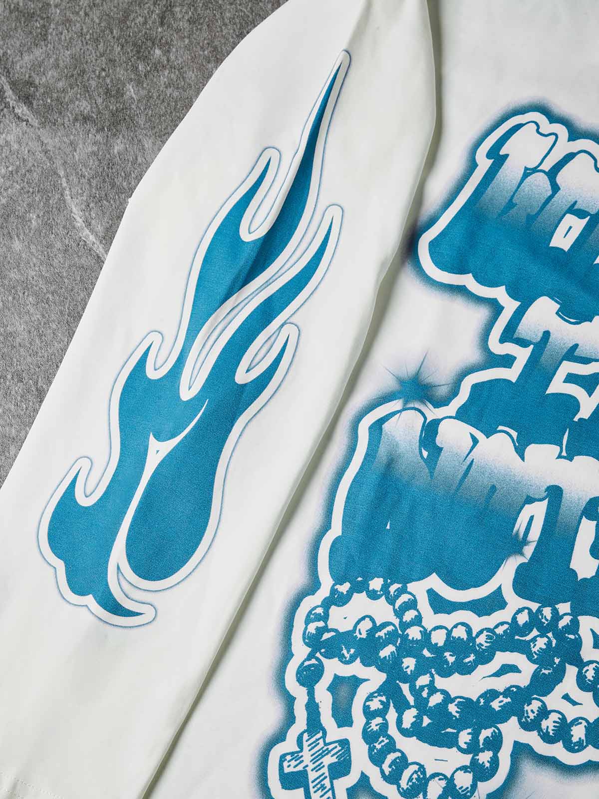 NOISSEY "With God" Blue Flame Graffiti Heavy Long Sleeve Tee - White