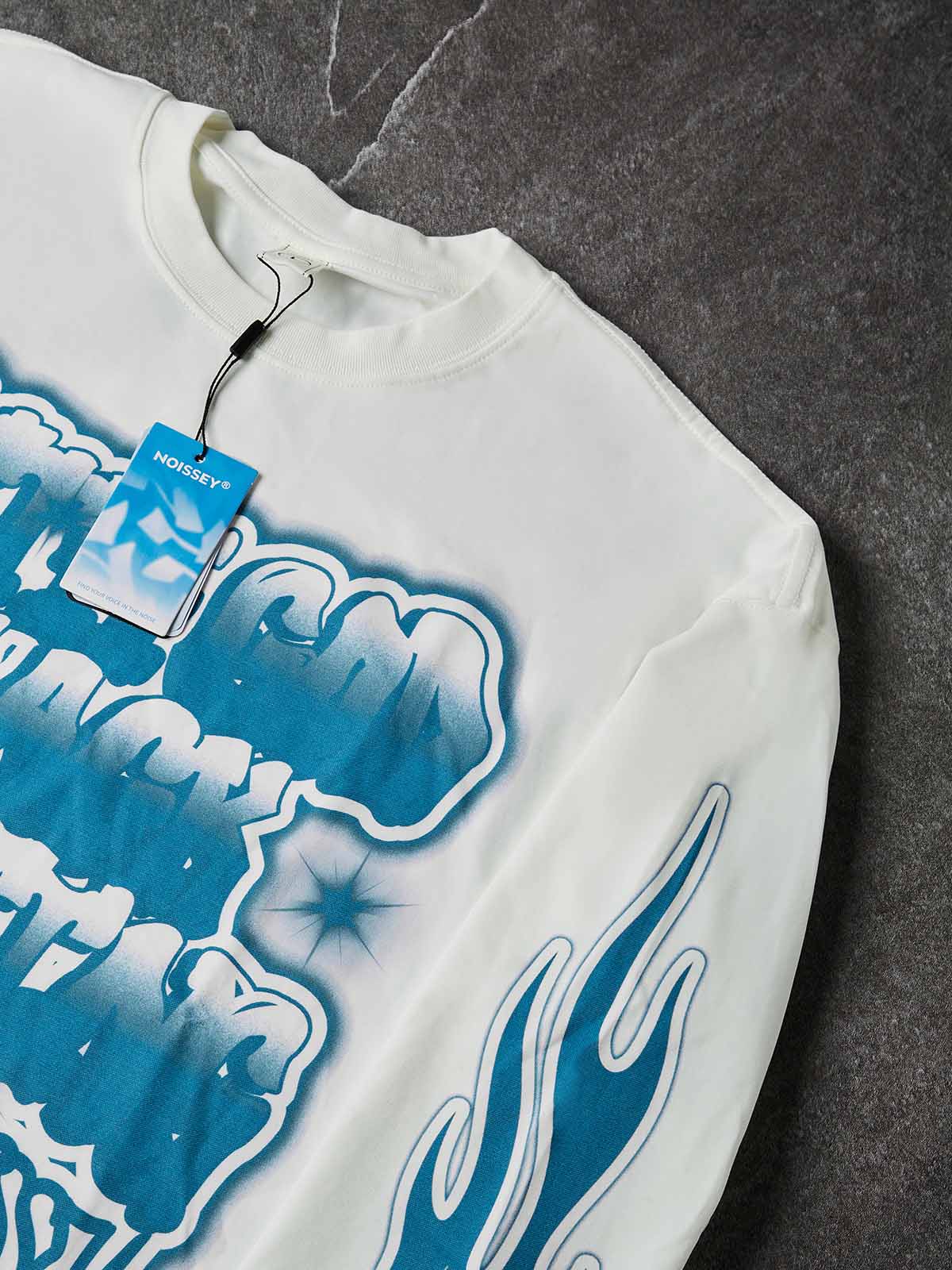 NOISSEY "With God" Blue Flame Graffiti Heavy Long Sleeve Tee - White