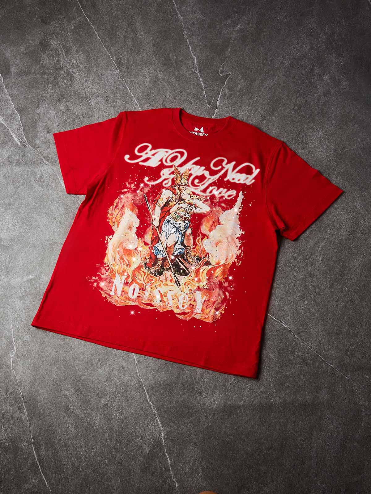 NOISSEY "Ares & Aphrodite" Rhinestone Myth Flame Art Tee - Red