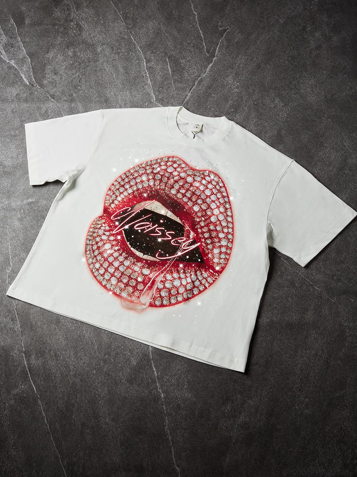 NOISSEY "Pink Paved Lips" Rhinestone Boxy DIY Tee - Premium White