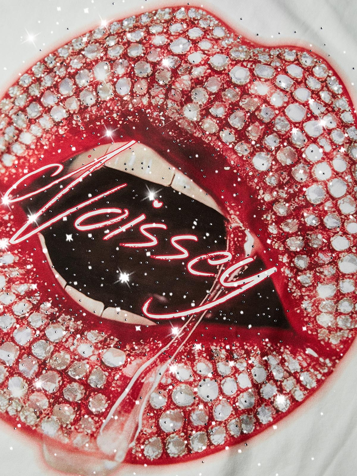 NOISSEY "Pink Paved Lips" Rhinestone Boxy DIY Tee - Premium White