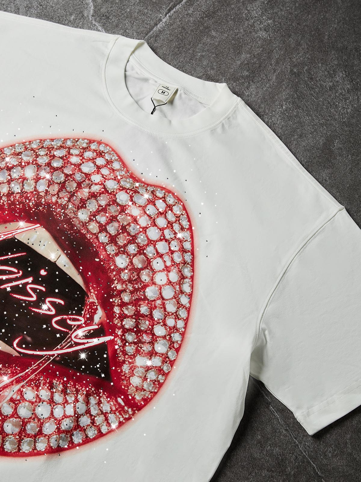 NOISSEY "Pink Paved Lips" Rhinestone Boxy DIY Tee - Premium White