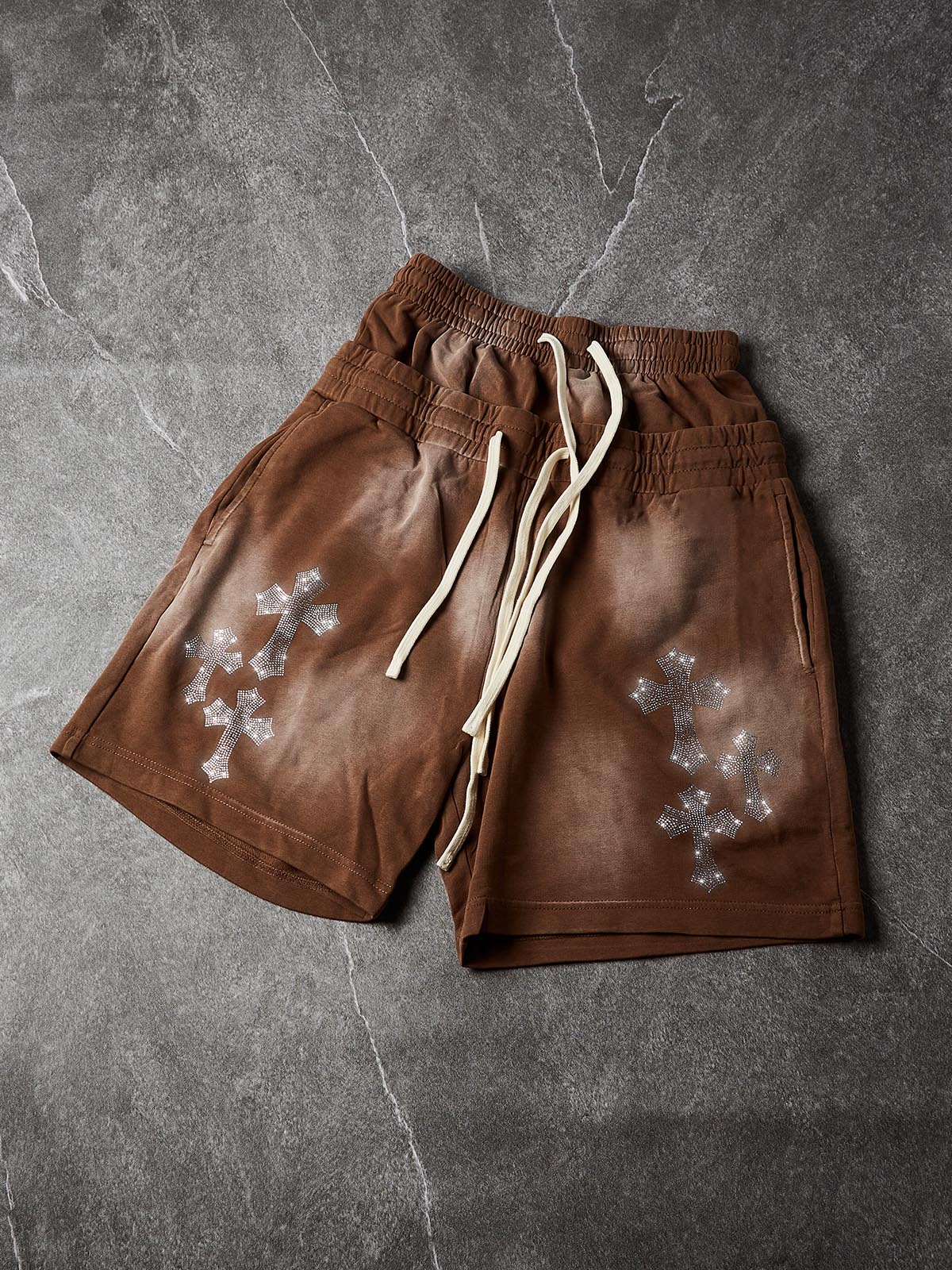 NOISSEY Rhinestone Gothic Cross Heavy Sweat Shorts - 4 Colors Available