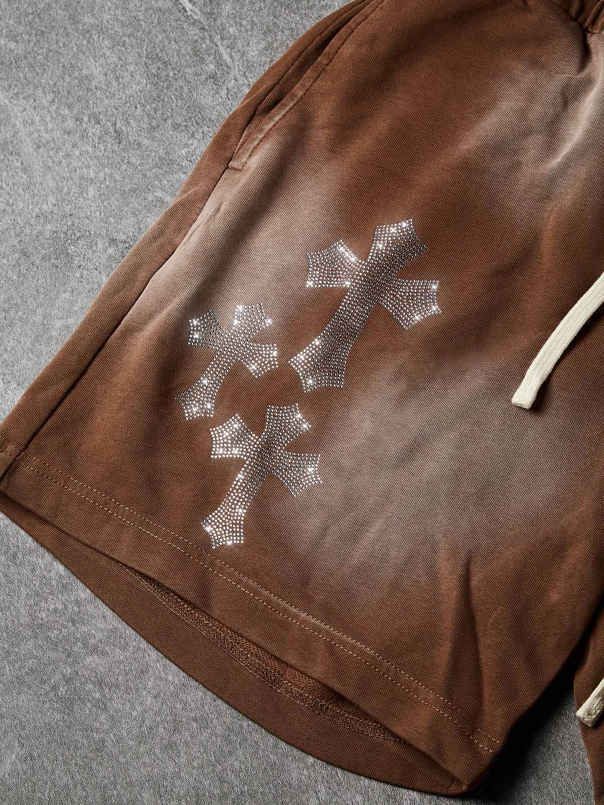 NOISSEY Rhinestone Gothic Cross Heavy Sweat Shorts - 4 Colors Available
