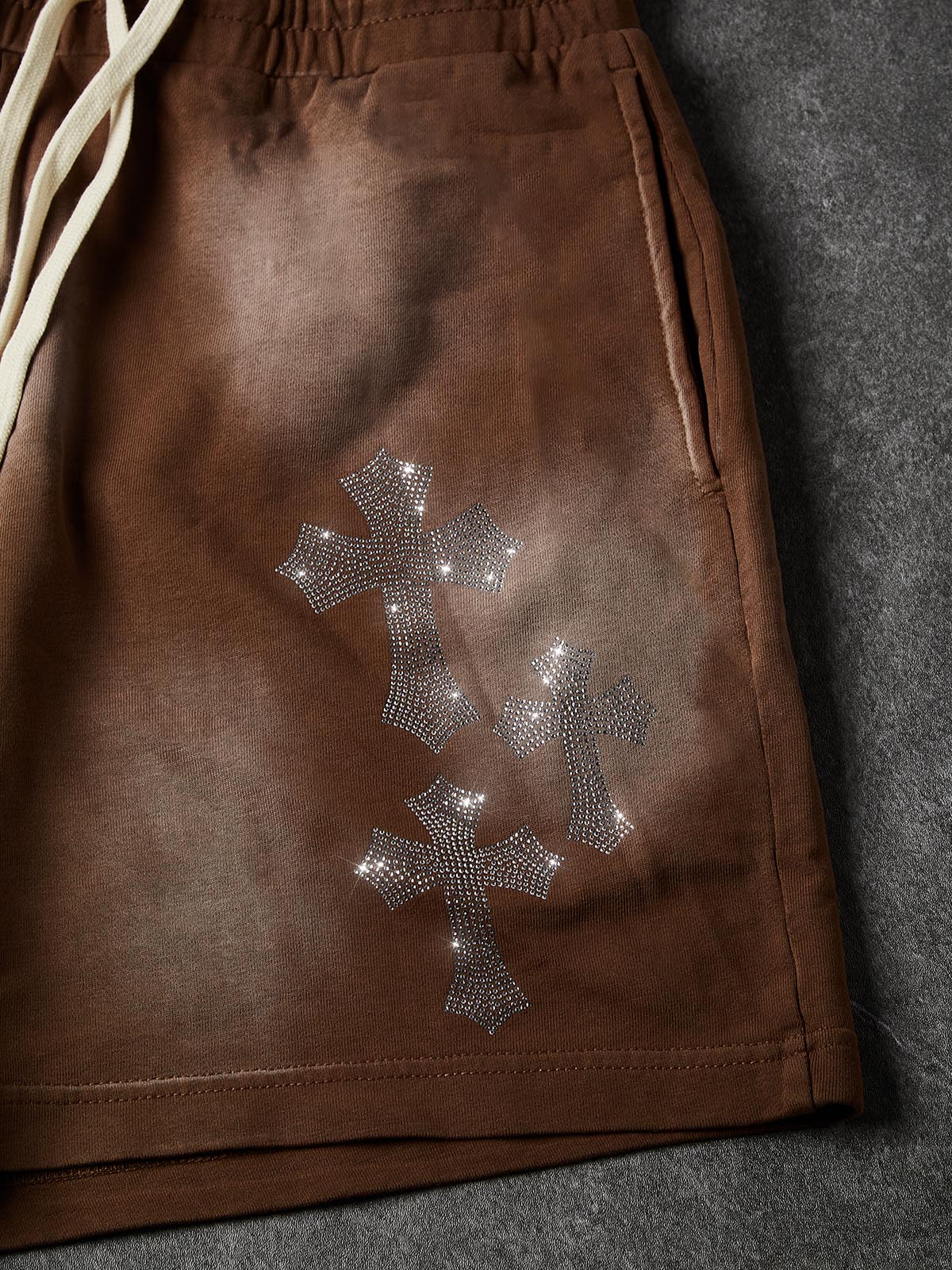 NOISSEY Rhinestone Gothic Cross Heavy Sweat Shorts - 4 Colors Available