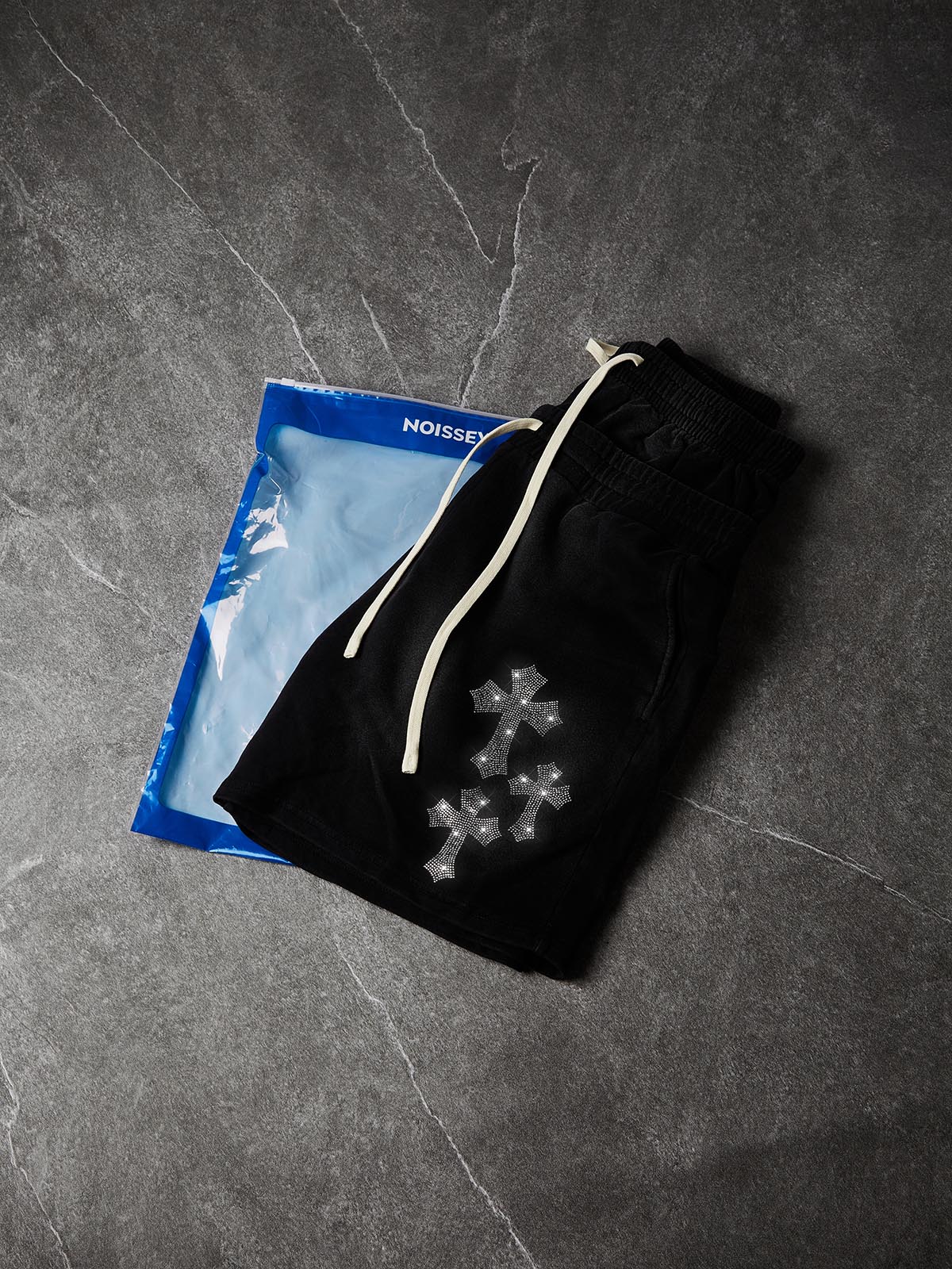 NOISSEY Rhinestone Gothic Cross Heavy Sweat Shorts - 4 Colors Available