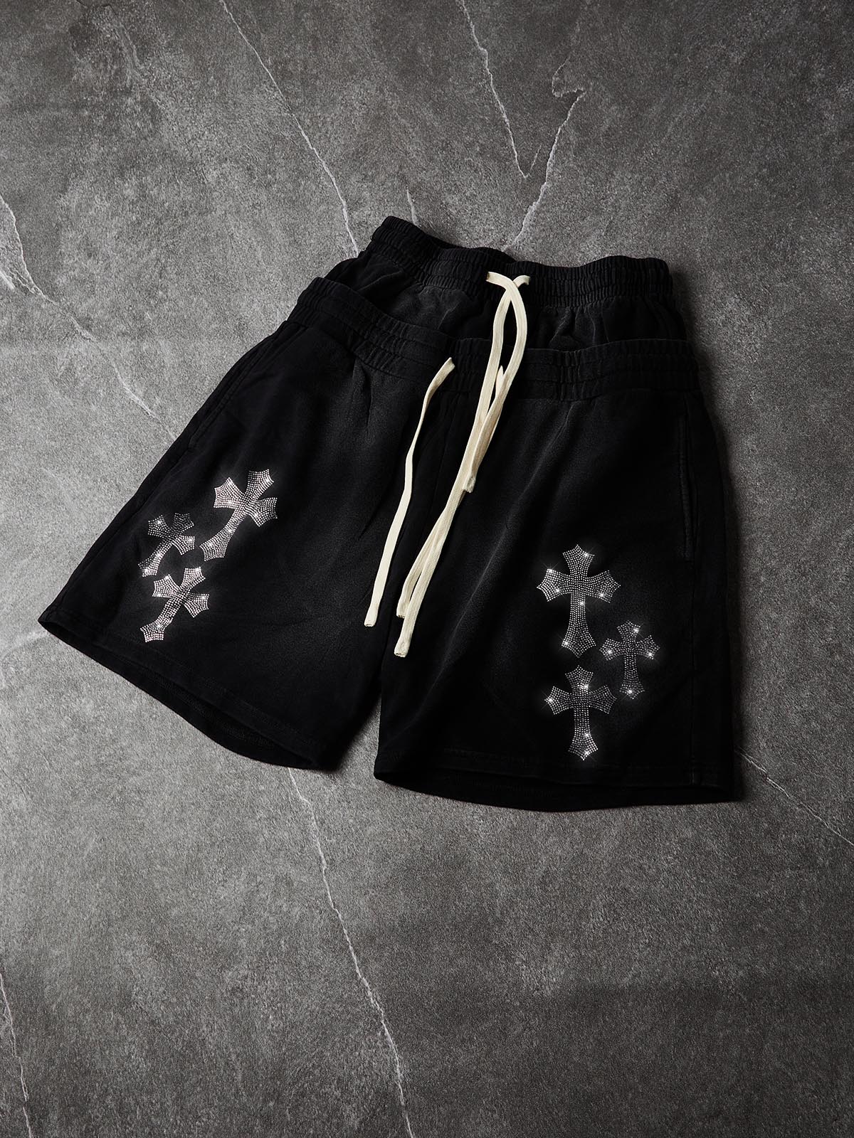 NOISSEY Rhinestone Gothic Cross Heavy Sweat Shorts - 4 Colors Available