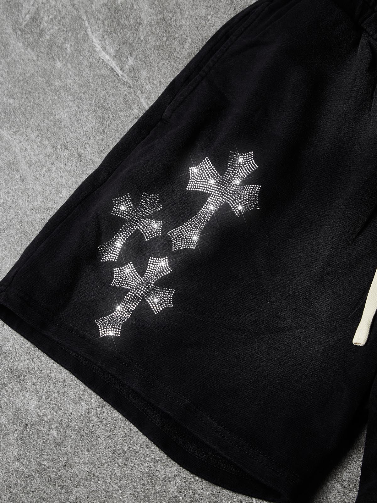 NOISSEY Rhinestone Gothic Cross Heavy Sweat Shorts - 4 Colors Available