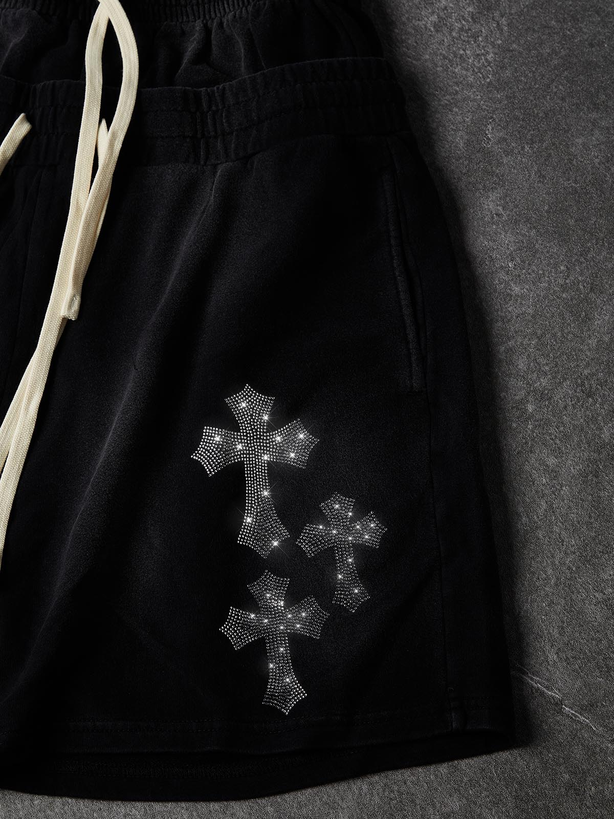 NOISSEY Rhinestone Gothic Cross Heavy Sweat Shorts - 4 Colors Available