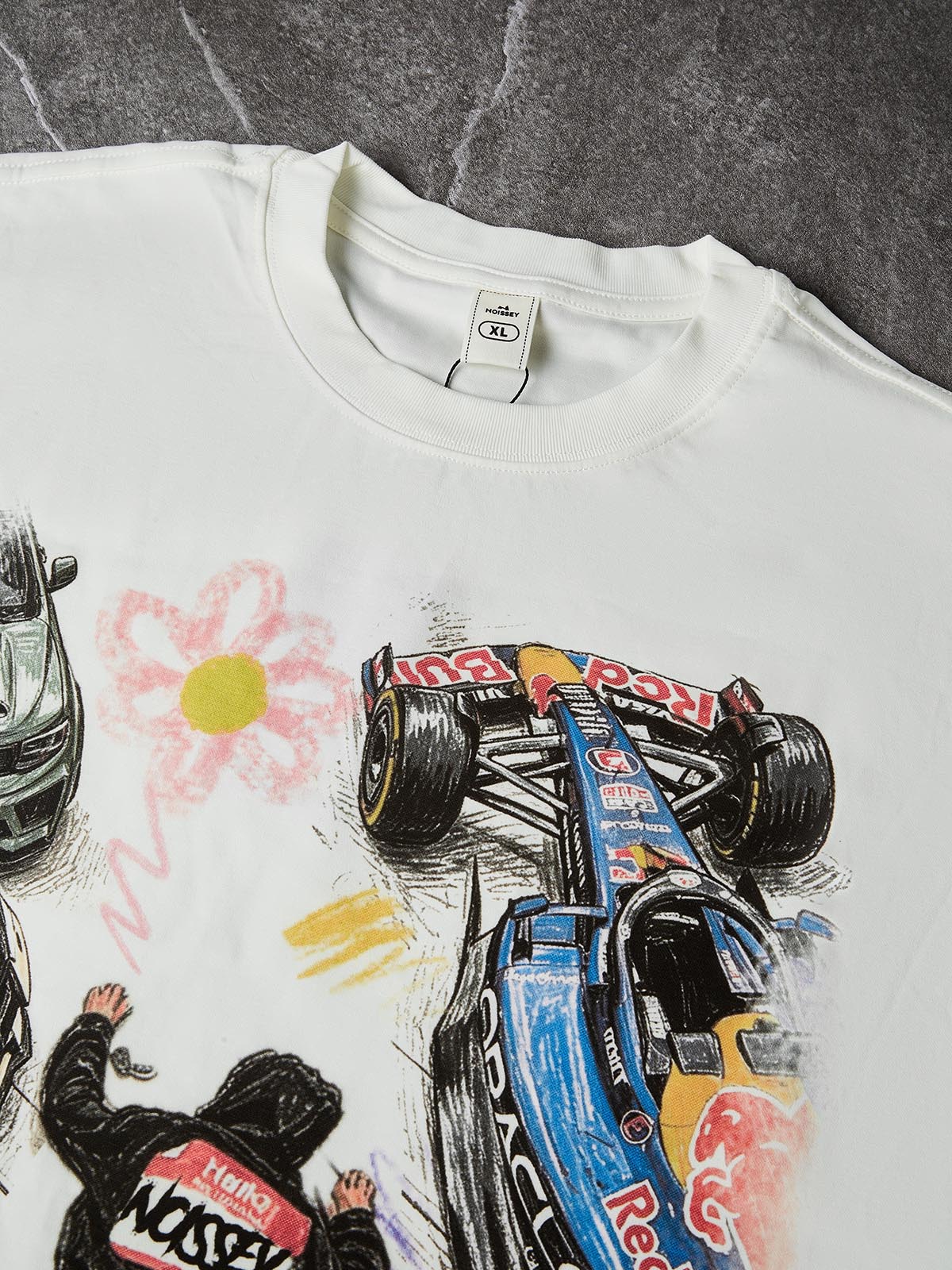 NOISSEY Falling Stars Motorsport Graffiti Art Long Sleeve Tee - White