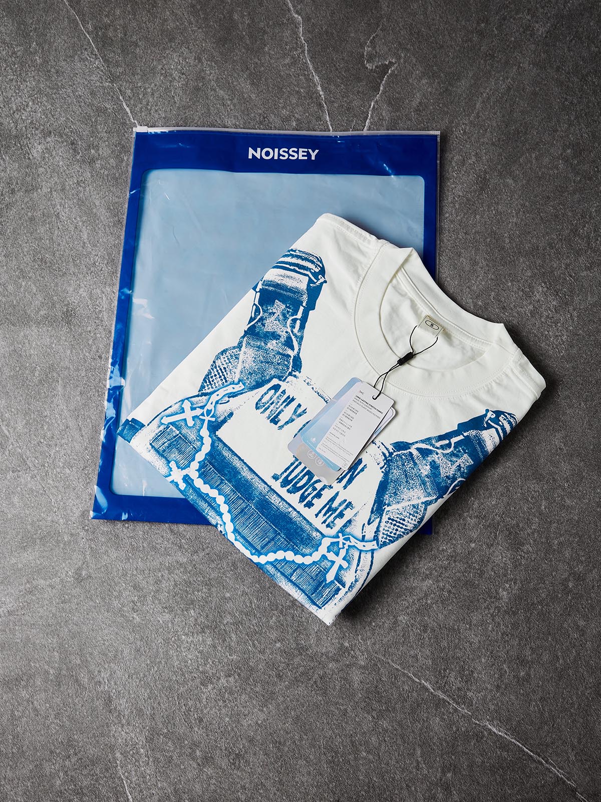 NOISSEY Only God Can Judge Me Blue-Tone Tactical Vest Art Tee - Cloud White