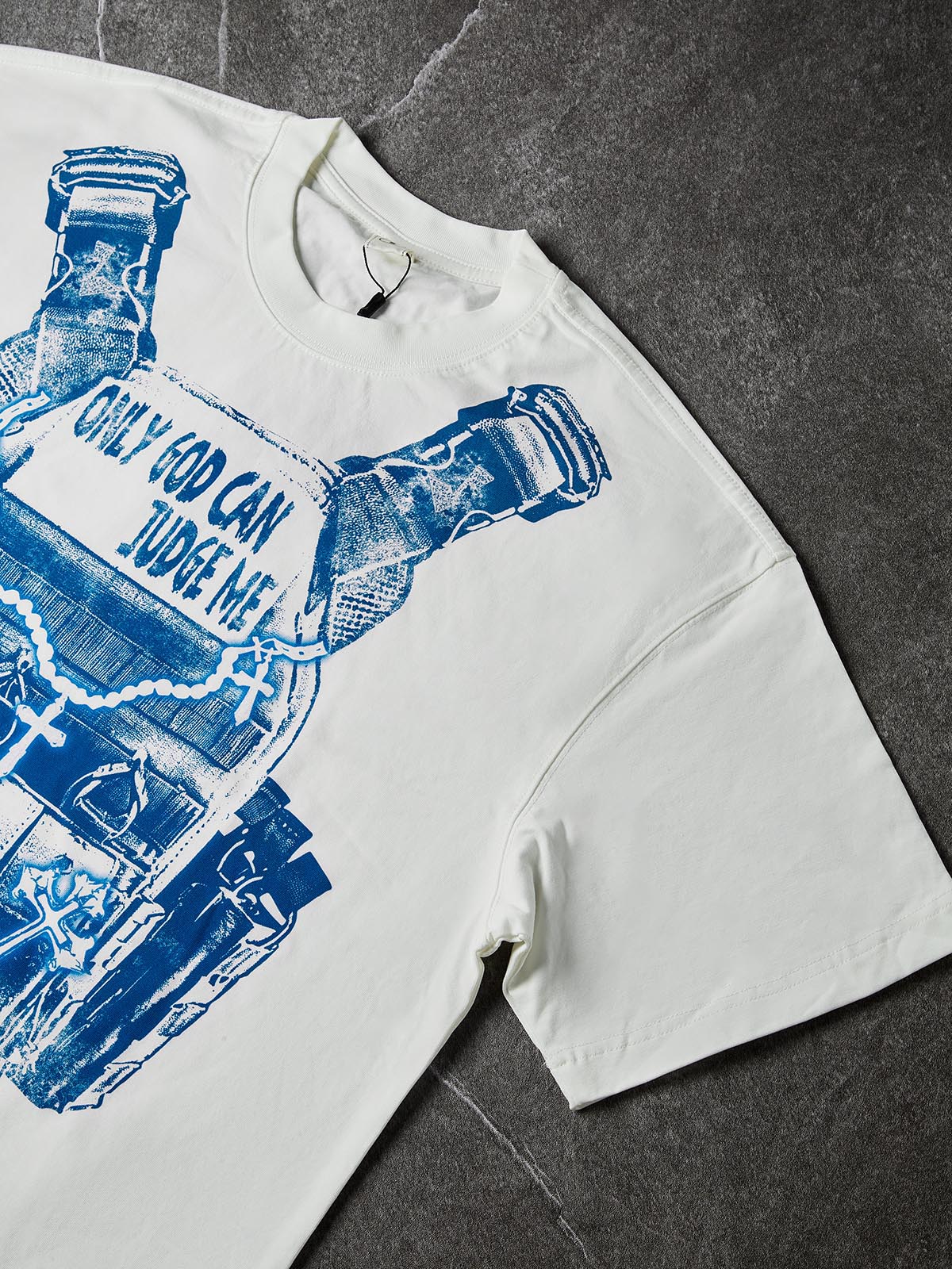NOISSEY Only God Can Judge Me Blue-Tone Tactical Vest Art Tee - Cloud White