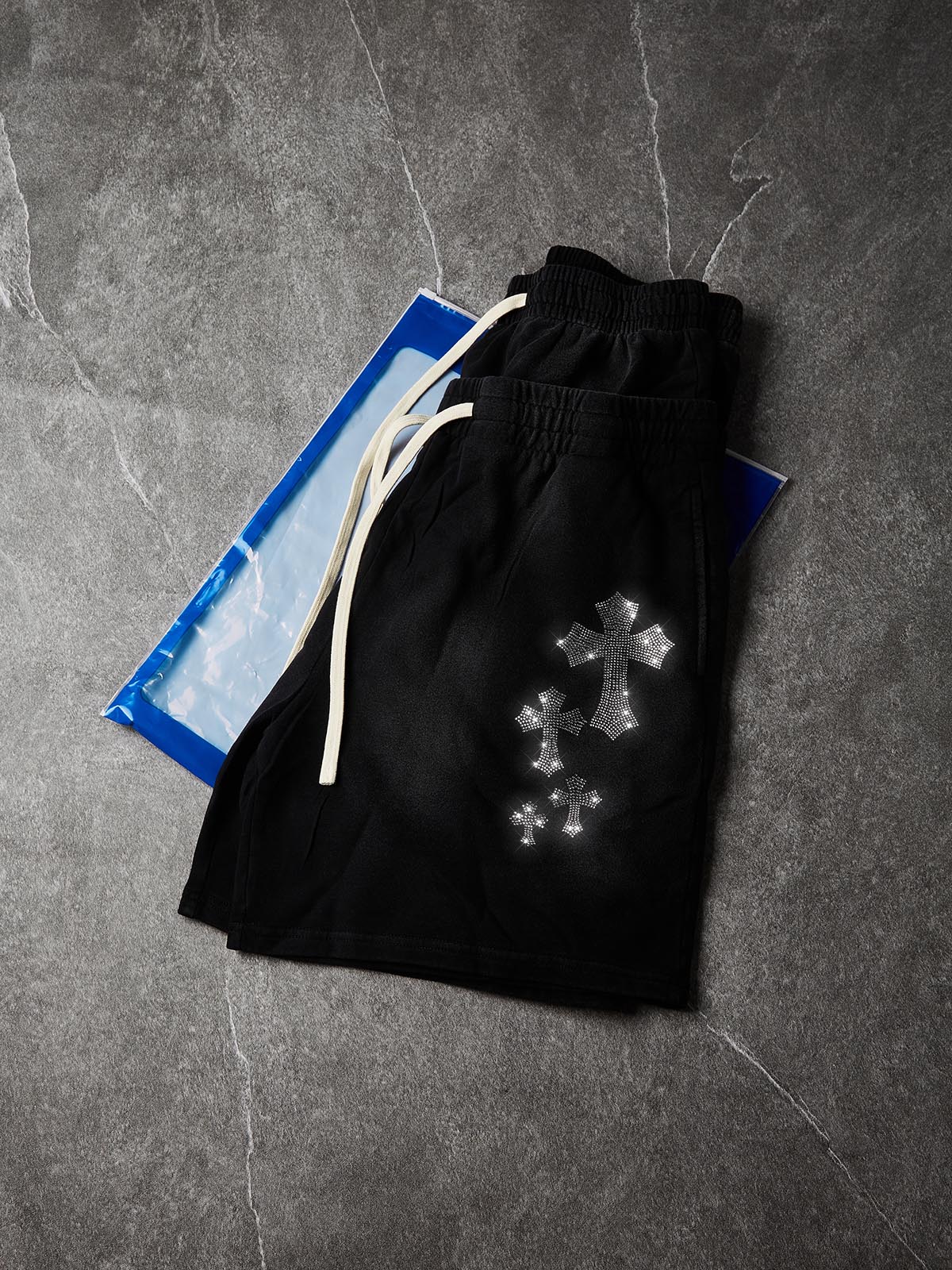 NOISSEY Heavy Sweat Shorts with Rhinestone Gothic Cross - 4 Colors Available