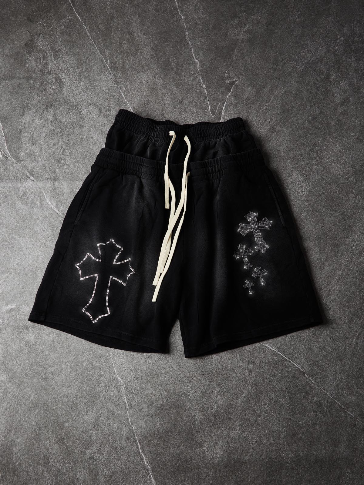 NOISSEY Heavy Sweat Shorts with Rhinestone Gothic Cross - 4 Colors Available
