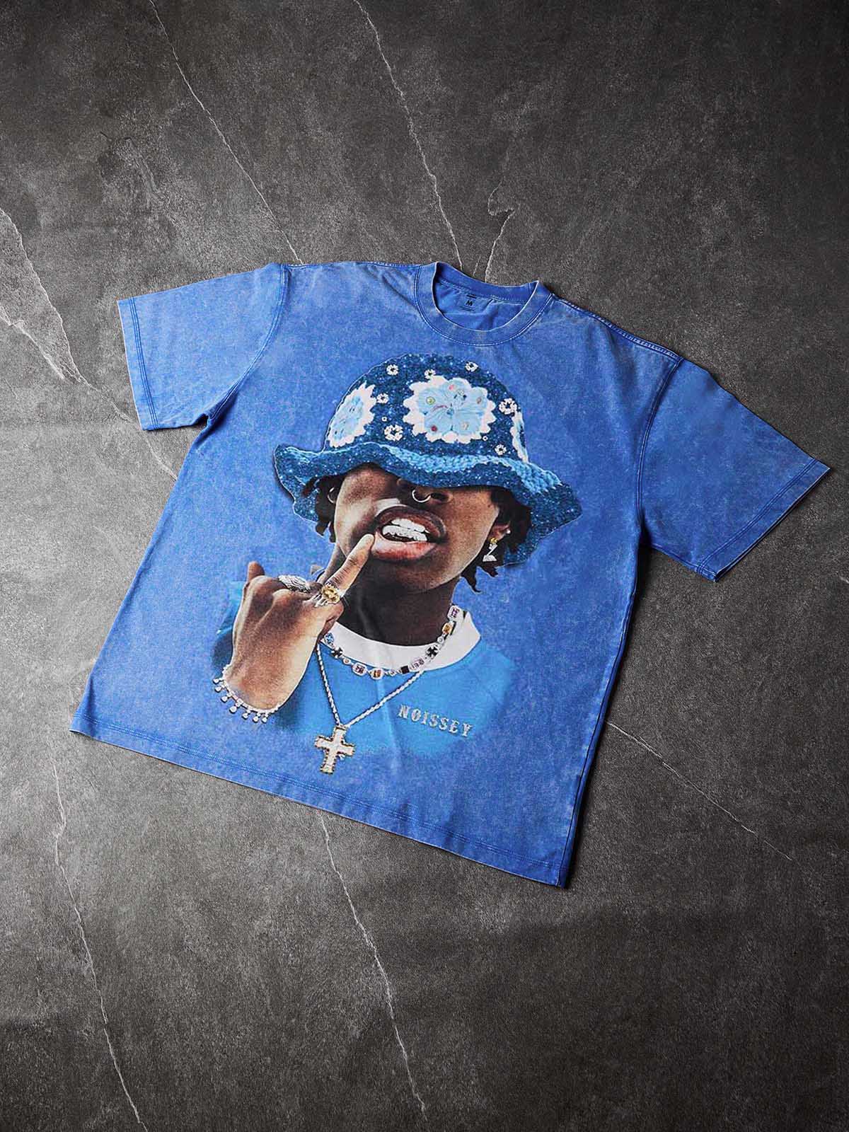 NOISSEY Vintage Washed Street Icon Portrait Heavyweight T-Shirt - Washed Blue