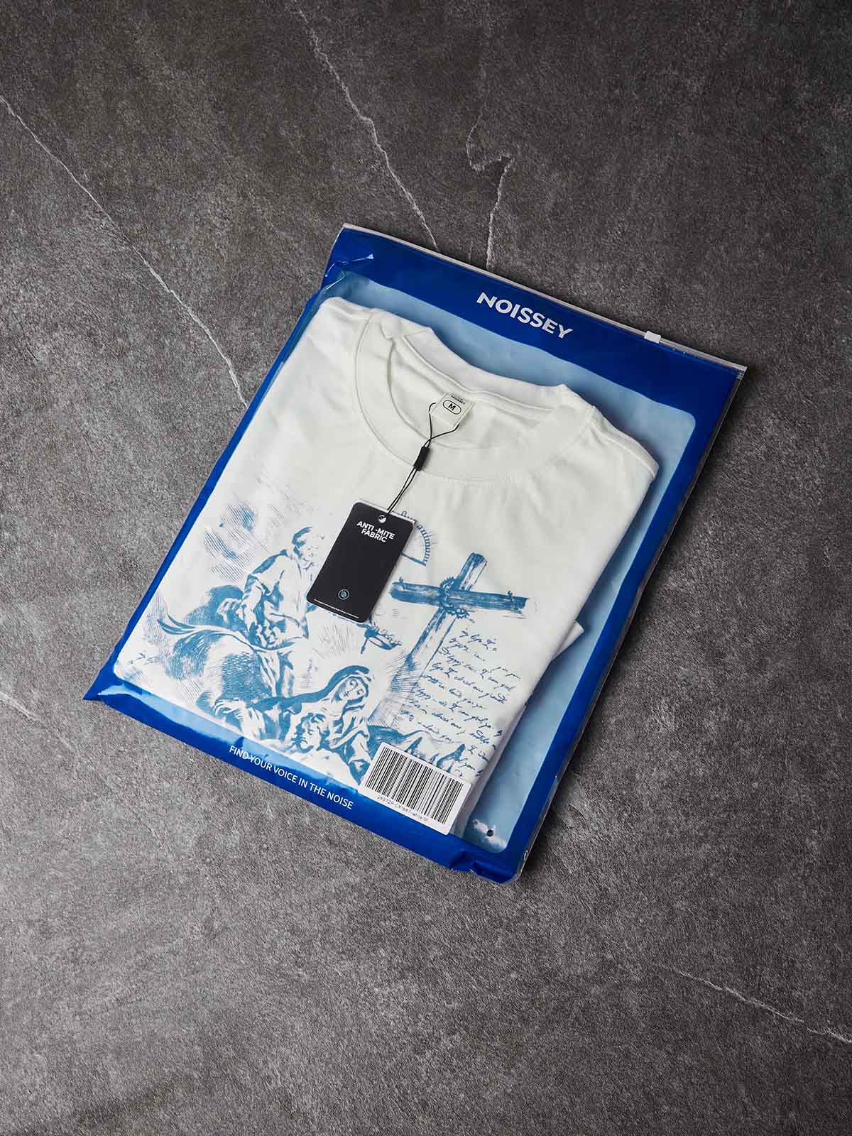 NOISSEY Blue Pieta Religious Woodcut Print Long Sleeve T-Shirt - White