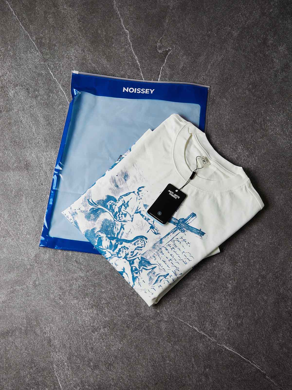 NOISSEY Blue Pieta Religious Woodcut Print Long Sleeve T-Shirt - White