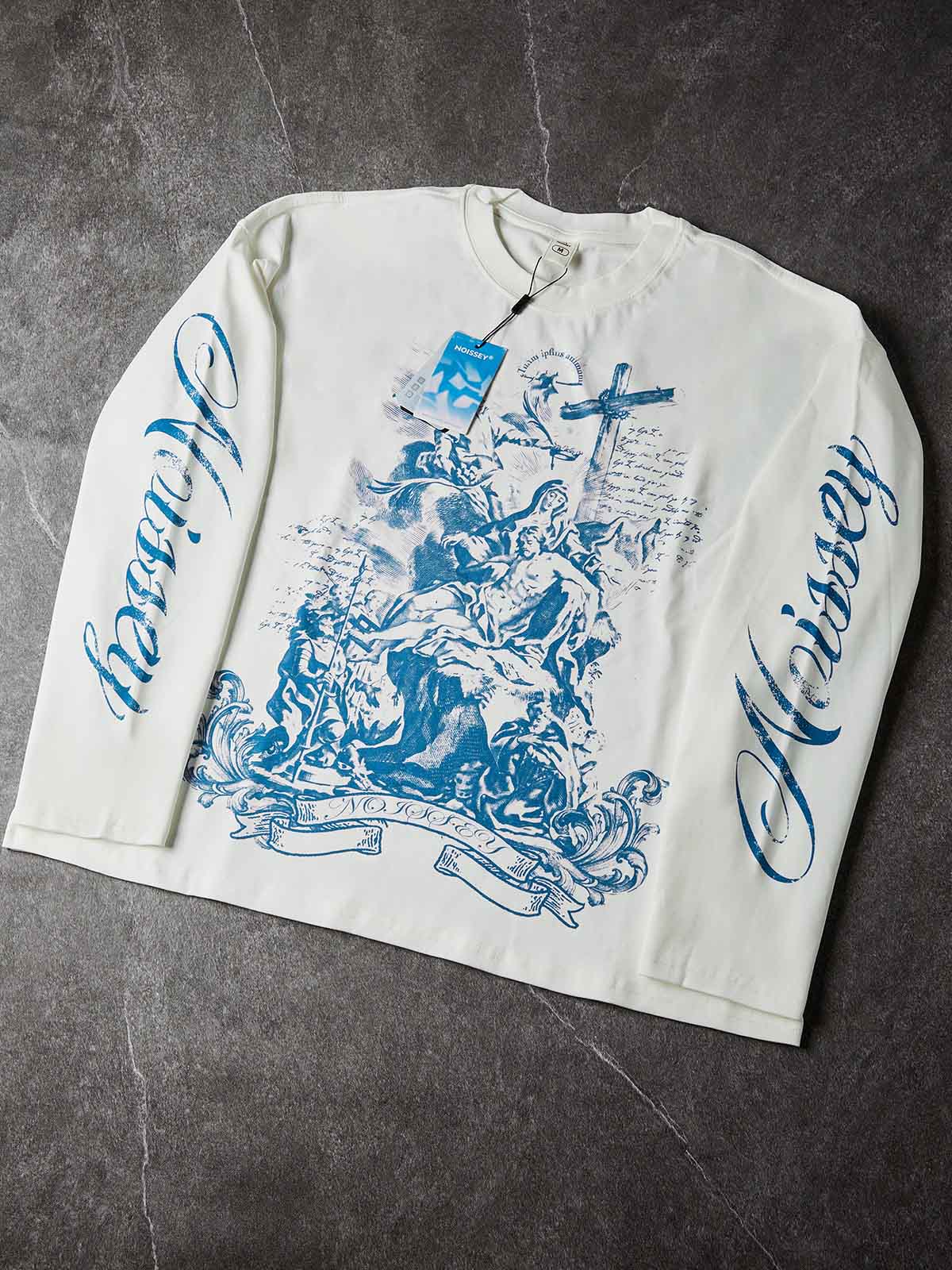NOISSEY Blue Pieta Religious Woodcut Print Long Sleeve T-Shirt - White