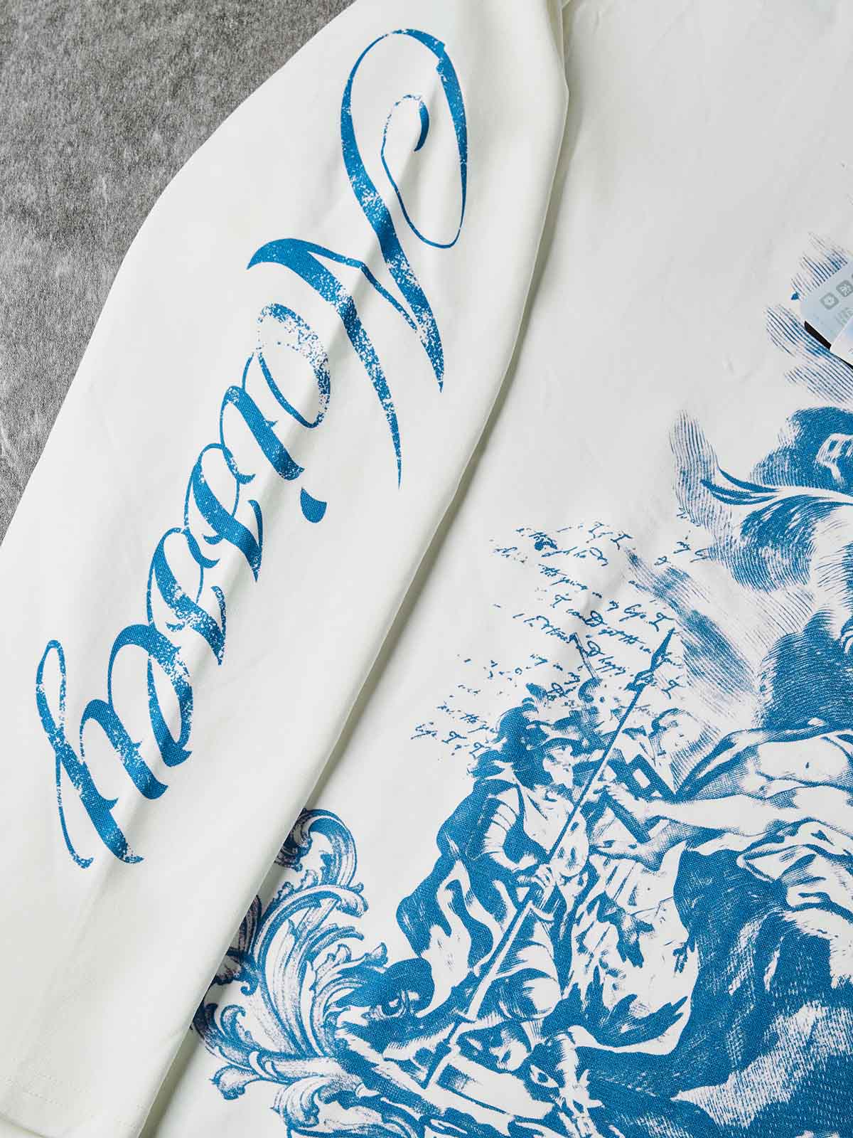 NOISSEY Blue Pieta Religious Woodcut Print Long Sleeve T-Shirt - White