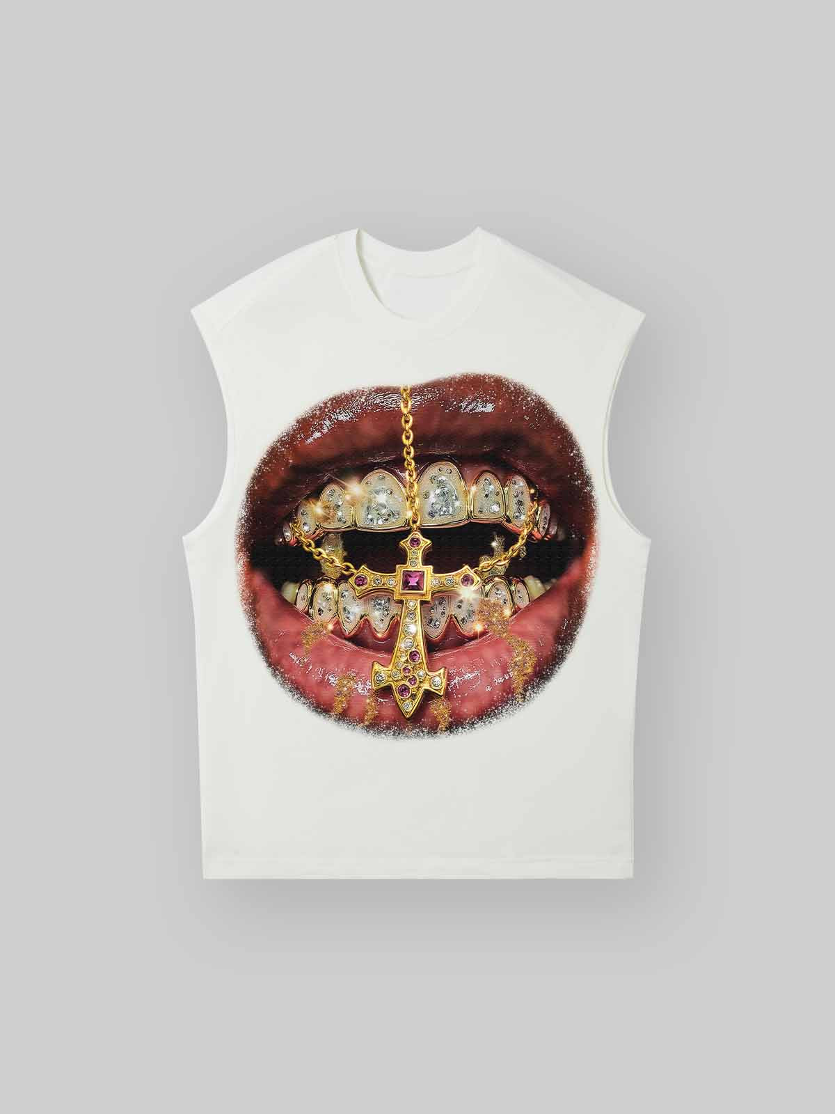 Golden Cross Diamond Patch Grills Print Tank Top