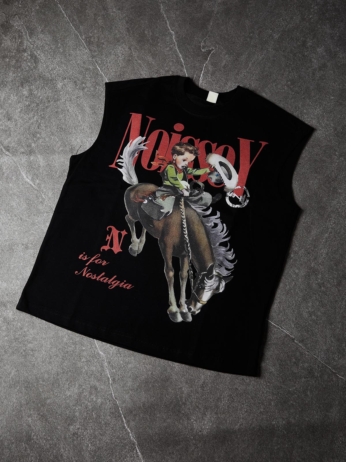 NOISSEY Vintage Cowboy Illustration Tank Top - Phantom Black 270G Heavyweight Oversized Sleevelless Tee