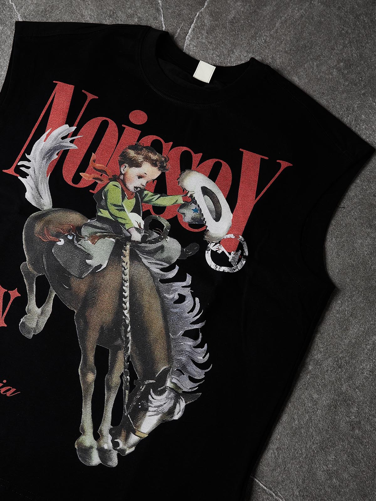 NOISSEY Vintage Cowboy Illustration Tank Top - Phantom Black 270G Heavyweight Oversized Sleevelless Tee