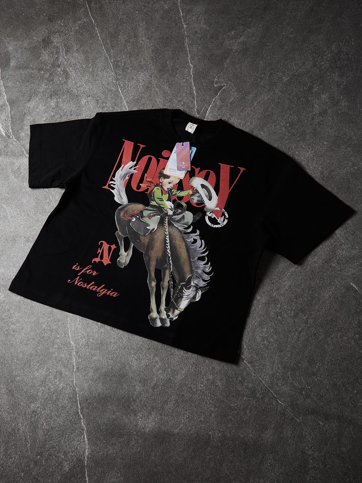 NOISSEY "Cowboy Vintage" Nostalgic Illustration Tee - Black 255G Heavyweight Boxy Oversized Fit