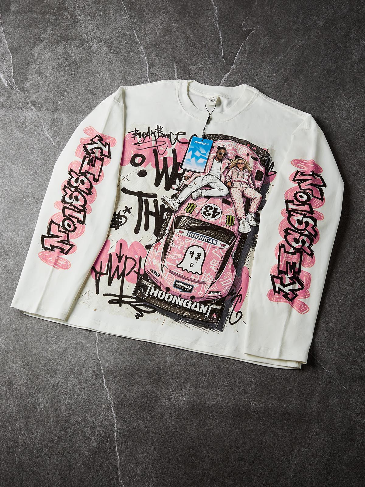 NOISSEY "Pink Hoonigan Graffiti" Coupe Tee - Clean White Oversized Long Sleeve