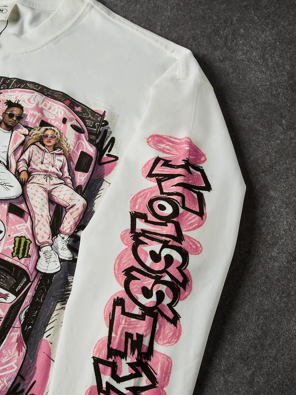 NOISSEY "Pink Hoonigan Graffiti" Coupe Tee - Clean White Oversized Long Sleeve