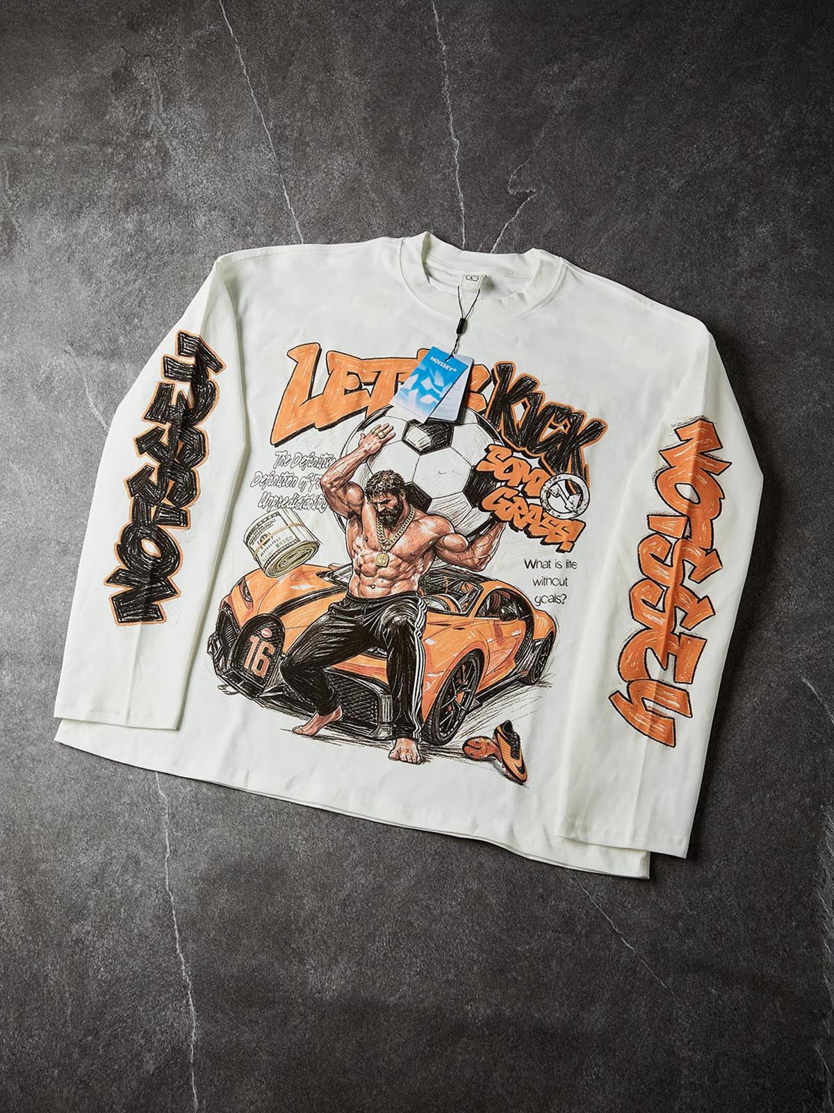 NOISSEY Orange Supercar Graffiti Art DTG Long Sleeve Shirt - White