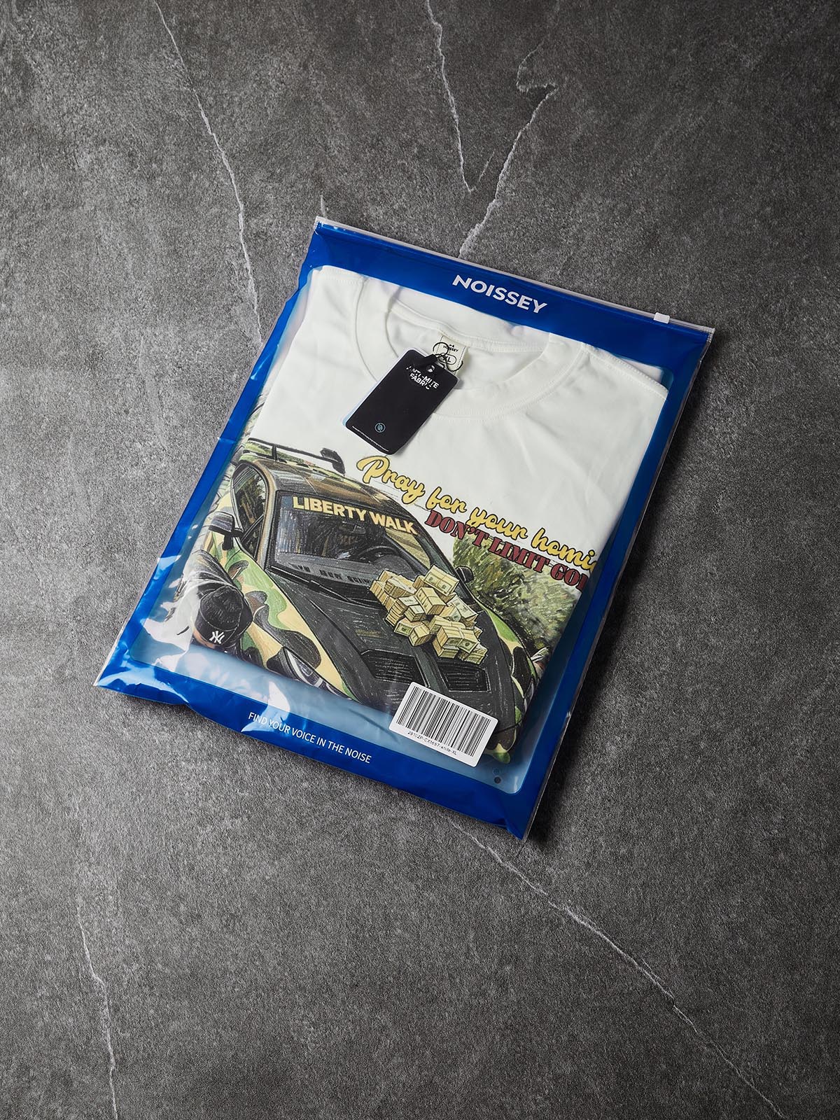 NOISSEY "Camo Supercar & Cash" Track Tee - Clean White Oversized Long Sleeve