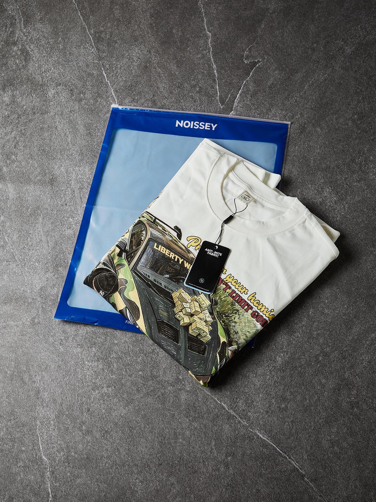 NOISSEY "Camo Supercar & Cash" Track Tee - Clean White Oversized Long Sleeve
