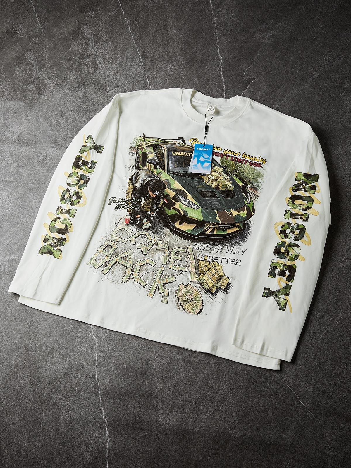 NOISSEY "Camo Supercar & Cash" Track Tee - Clean White Oversized Long Sleeve