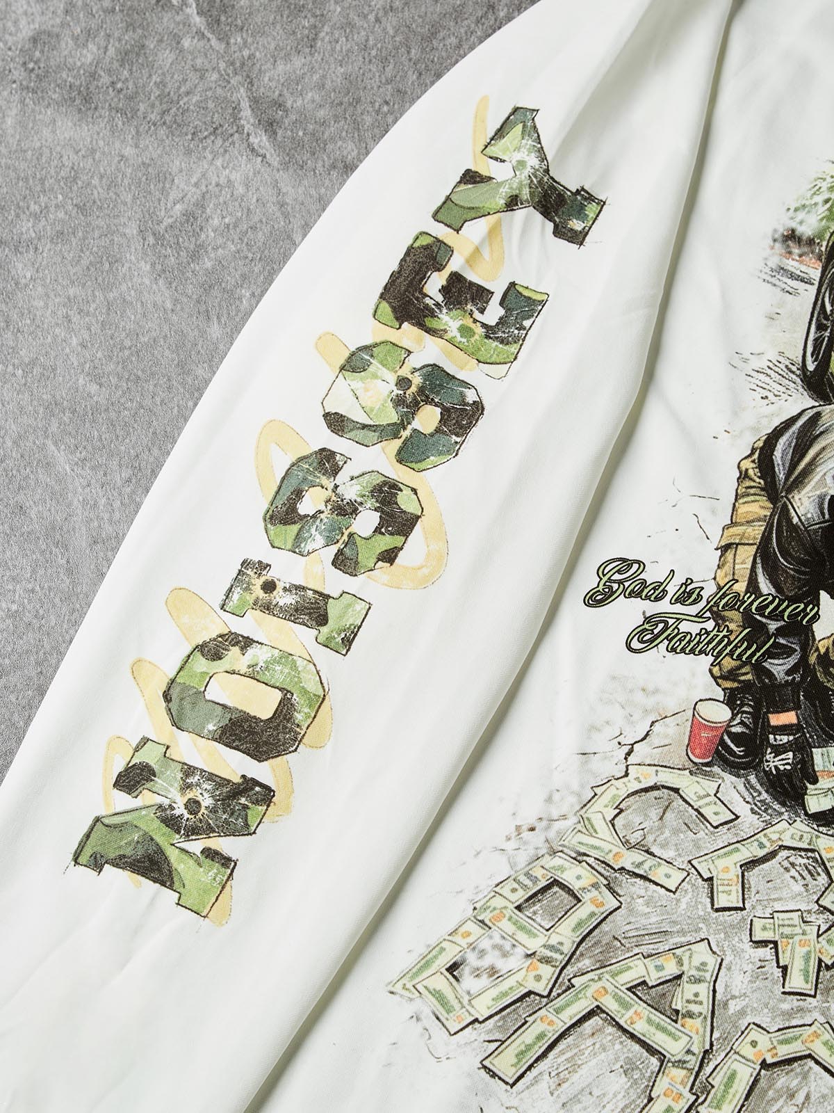 NOISSEY "Camo Supercar & Cash" Track Tee - Clean White Oversized Long Sleeve