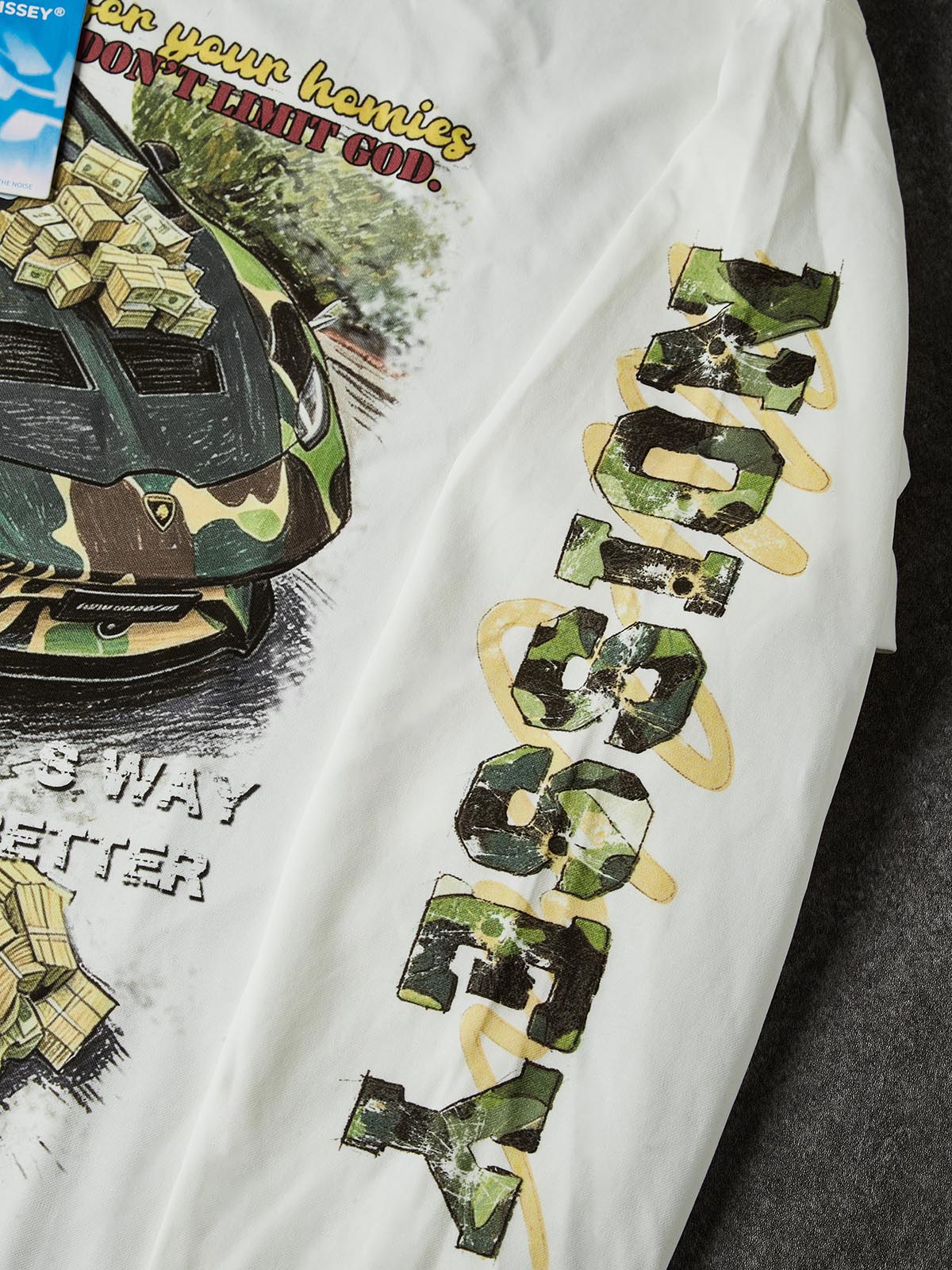 NOISSEY "Camo Supercar & Cash" Track Tee - Clean White Oversized Long Sleeve