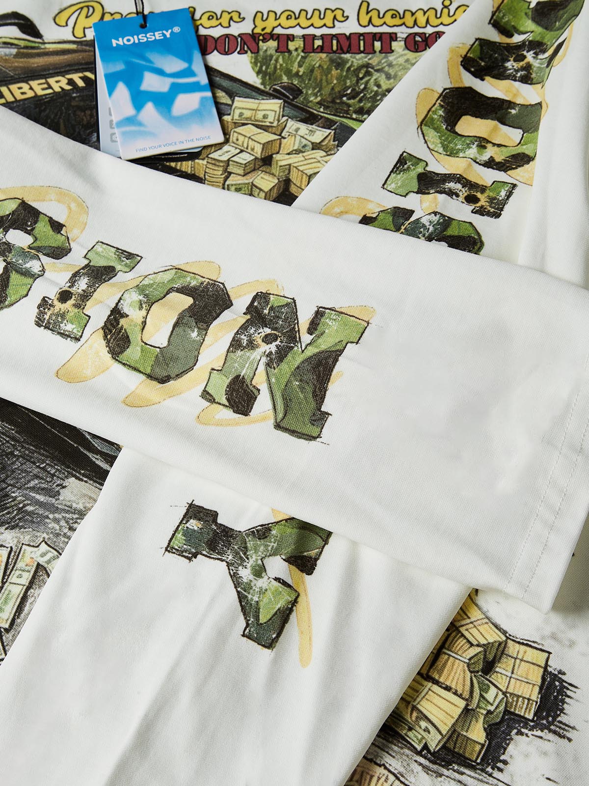 NOISSEY "Camo Supercar & Cash" Track Tee - Clean White Oversized Long Sleeve