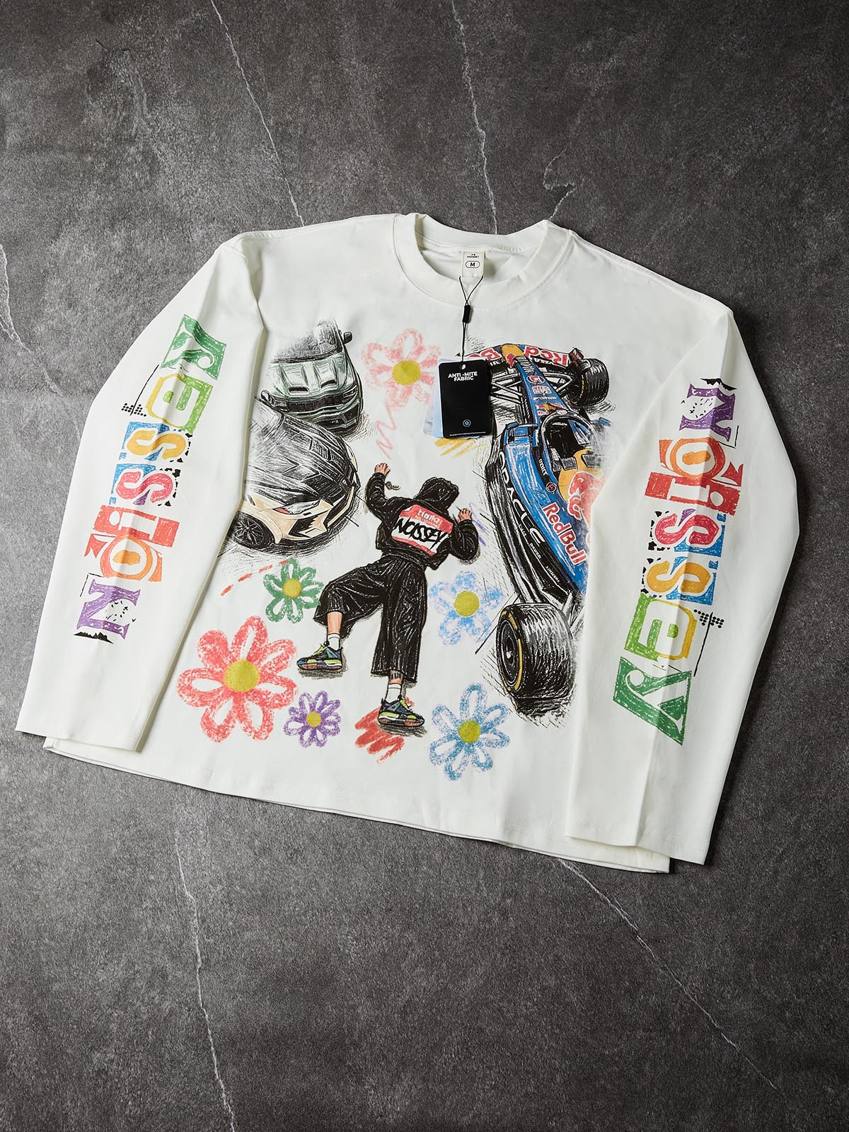 NOISSEY Falling Stars Motorsport Graffiti Art Long Sleeve Tee - White