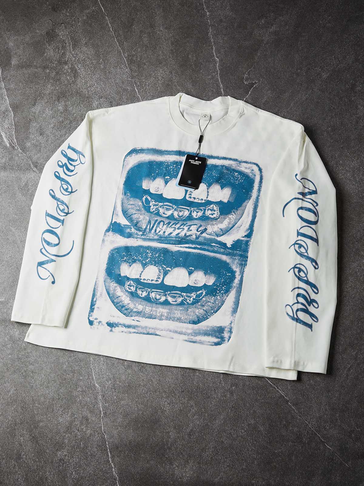 NOISSEY "Archival Grillz" Screen-Print Crewneck - Clean White 250G Heavyweight Oversized Long Sleeve