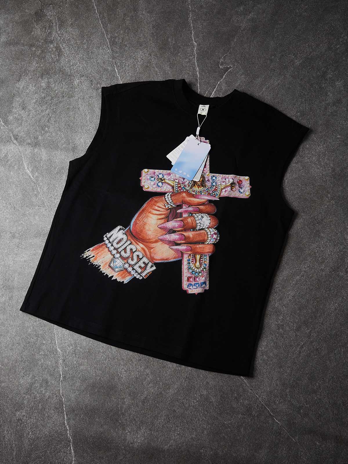 NOISSEY "Gothic Cross" Black Vest - Boxy Graffiti Graphic Tank Top